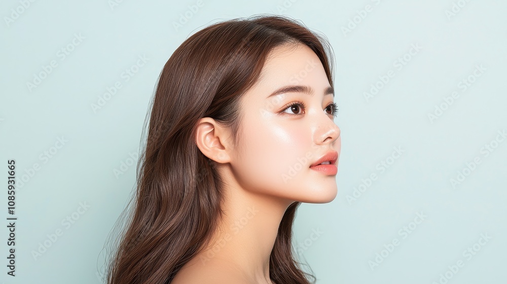 Serenity in Brown Close-up Portrait of Young Woman with Luxurious Brown Hair in Tranquil Blue-Green Setting, Neutral Expression and Airbrushed Skin - Beauty and Wellness Concept Serenity in Brown Close-up Portrait of Young Woman with Luxurious Brown Hair in Tranquil Blue-Green Setting, Neutral Expression and Airbrushed Skin - Beauty and Wellness Concept