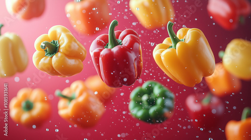 Falling bell peppers on a red background. Close-up of many falling bell peppers on a red background. AI generative
 photo