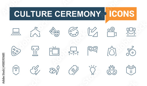 Art And Culture vector line icon set. Contains such icons as palette, television, comedy, isolated, microphone, brush, culture, paint. Collection for mobile and web apps. Editable vector stroke.