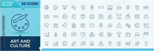 Art And Culture vector line icon set. Contains such icons as palette, television, comedy, isolated, microphone, brush, culture, paint. Collection for mobile and web apps. Editable vector stroke.