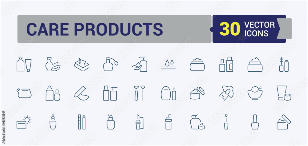 Care Products icons set in line style. Includes icons for nutritious, health, mask, acid, makeup, clean, spray. Isolated icons design. Vector illustration in modern line style. Care Products icons set in line style. Includes icons for nutritious, health, mask, acid, makeup, clean, spray. Isolated icons design. Vector illustration in modern line style.