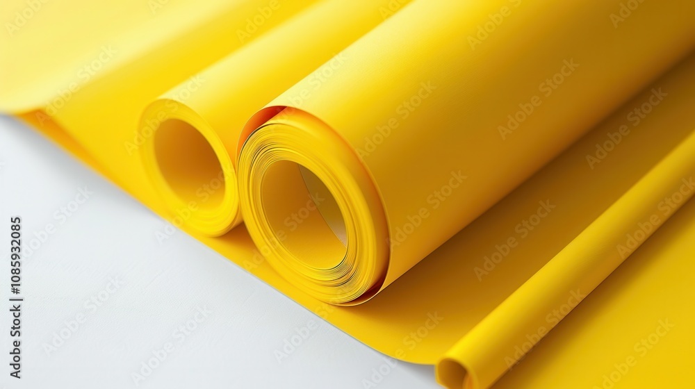 several rolls of bright yellow paper or material. The rolls are placed on a flat surface, and they are partially unrolled, revealing the vibrant yellow color. The material appears smooth and glossy several rolls of bright yellow paper or material. The rolls are placed on a flat surface, and they are partially unrolled, revealing the vibrant yellow color. The material appears smooth and glossy