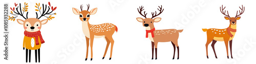 Cute cartoon deer with festive decorations on a white isolate background. photo