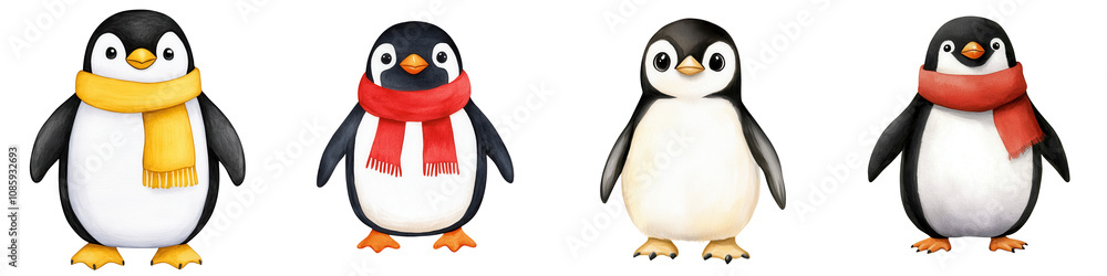 Fototapeta premium Four cute cartoon penguins wearing colorful scarves on a white isolated background.