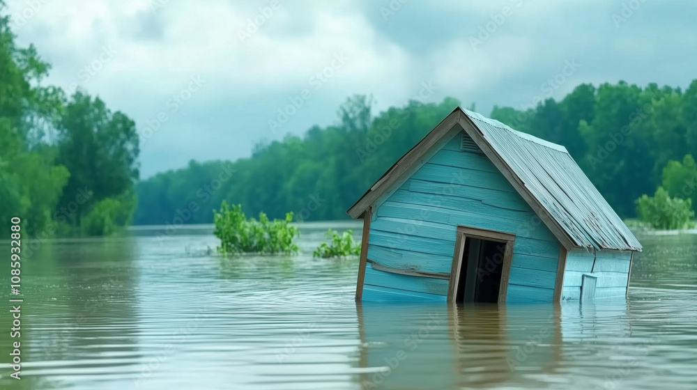 A small blue house partially submerged in floodwaters surrounded by lush green trees A small blue house partially submerged in floodwaters surrounded by lush green trees