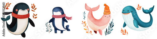 Four cute, animated marine animals with autumn leaves and scarves on a white background. photo