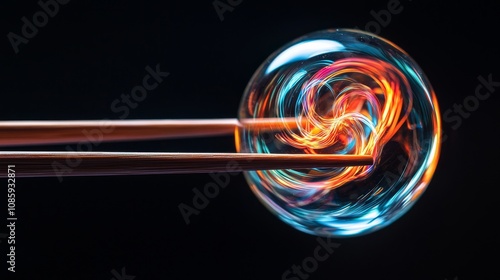 A close-up of a colorful soap bubble being touched by two wooden sticks, showcasing vibrant swirling patterns against a dark background.