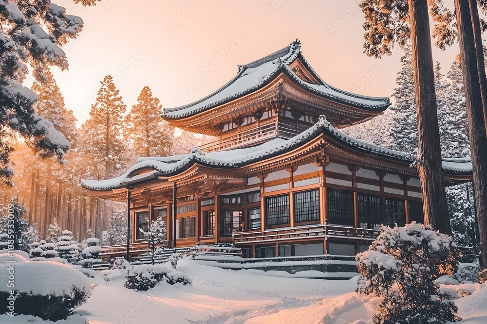 Japanese Temple Covered in Snow, Surrounded by Snowy Trees, Sunset Glow, and Tranquil Winter Scenery Japanese Temple Covered in Snow, Surrounded by Snowy Trees, Sunset Glow, and Tranquil Winter Scenery