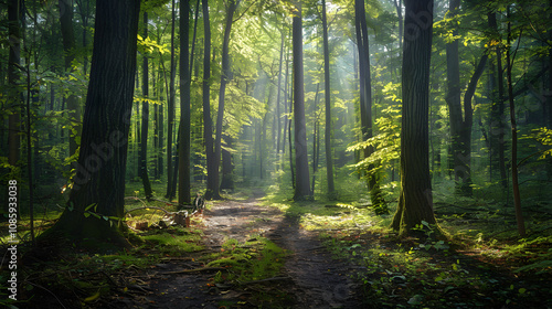 Serene Forest with Morning Sunlight: A Peaceful Haven for Mindfulness and Relaxation