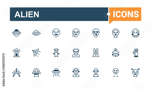 Alien icon set. Contains such icons as alien life, sci-fi, ufo, exploration mission, satellite, universe, alien visitor and more. Modern thin icons. Outline and solid pictogram.