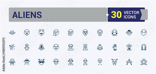 Alien icon set. Related to astrobiology, universe, alien life, aliens, sci-fi, ufo and more. Minimal linear icons. Vector outline and solid icons collection.