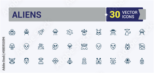 Alien icon set. Related to astrobiology, universe, alien life, aliens, sci-fi, ufo and more. Minimal linear icons. Vector outline and solid icons collection.