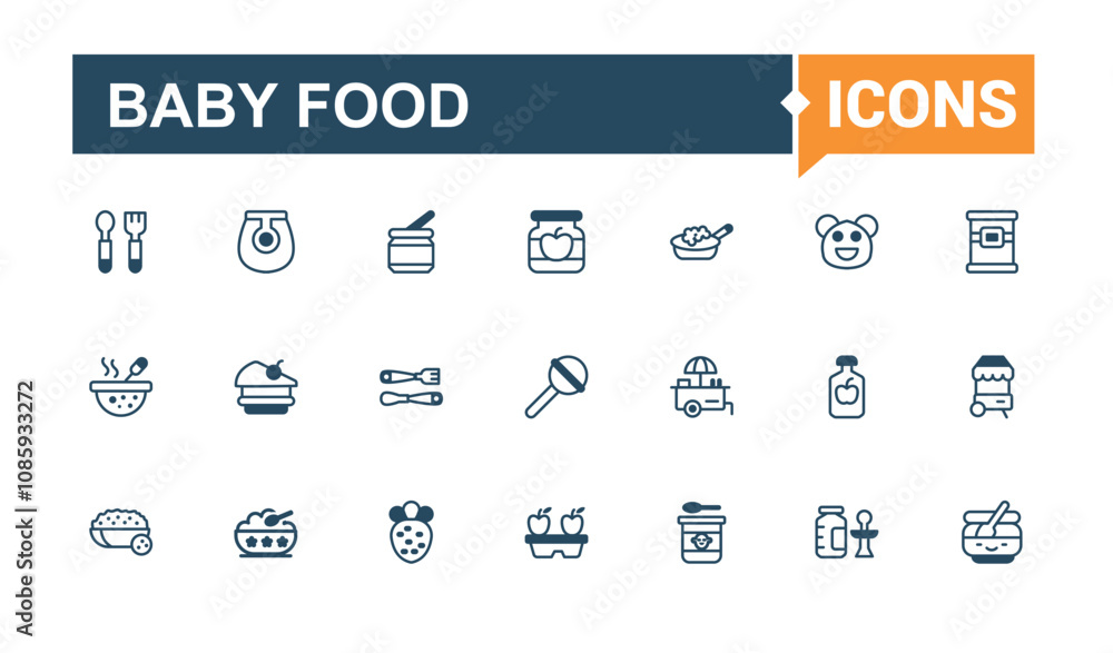 Babies Food icons set in line style. Related to milk, concept, carrot, spoon, food, meal, container and more. Minimal linear icons. Editable vector outline and solid icons. Babies Food icons set in line style. Related to milk, concept, carrot, spoon, food, meal, container and more. Minimal linear icons. Editable vector outline and solid icons.
