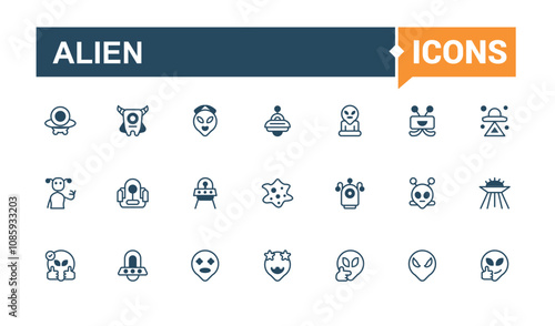 Alien icon set. Contains such icons as alien life, sci-fi, ufo, exploration mission, satellite, universe, alien visitor and more. Modern thin icons. Outline and solid pictogram.