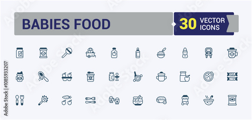 Babies Food line web icon set. Featuring healthy, isolated, food, pack, child, element, milk and more. Thin linear style icons. Editable vector outline and solid icons.
