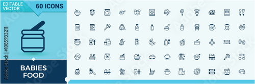 Babies Food icons in linear style. Includes thin line concept, food, element, meal, feed, nutrition, pack, milk. Set of line pictogram. Solid line editable stroke.
