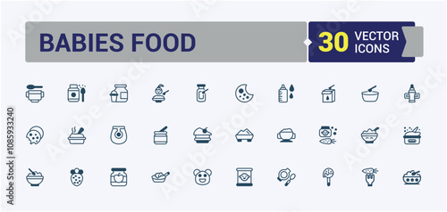 Babies Food line web icon set. Featuring healthy, isolated, food, pack, child, element, milk and more. Thin linear style icons. Editable vector outline and solid icons.