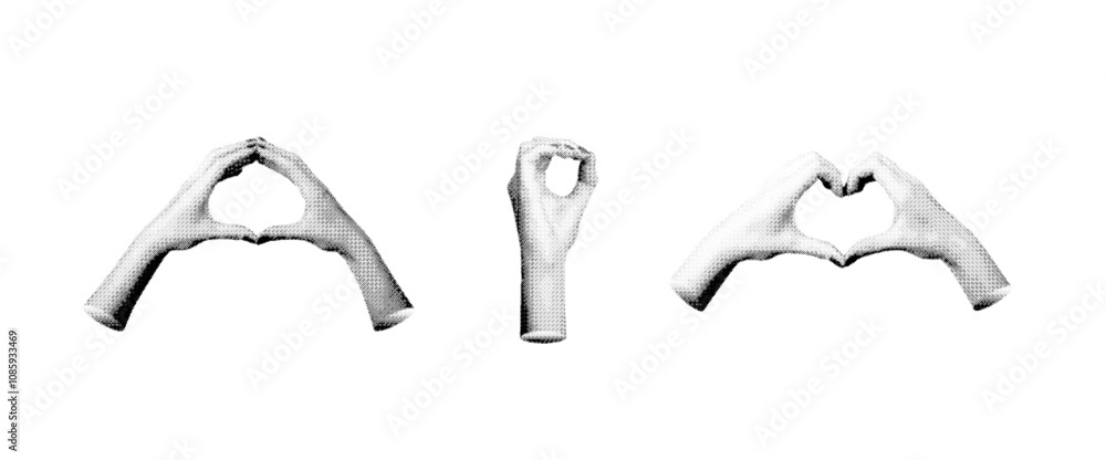 Two hands shaping circle, heart, finger signs and gestures isolated, halftone dotted vector illustration Two hands shaping circle, heart, finger signs and gestures isolated, halftone dotted vector illustration