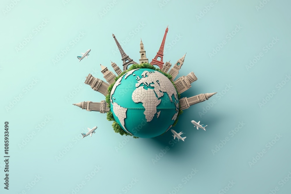 Naklejka premium Symmetrical Teal World Globe with Miniature Landmark Models and Airplanes - Travel Exploration Concept