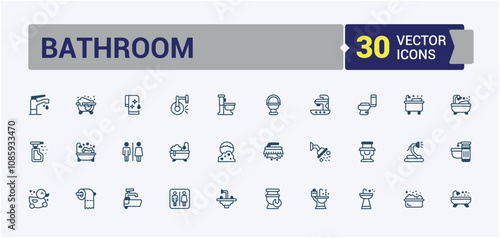 Bathroom icon set. Containing hygiene, faucet, bath, water, interior, house, basin and more. Outline icons pack. Solid line editable stroke.
