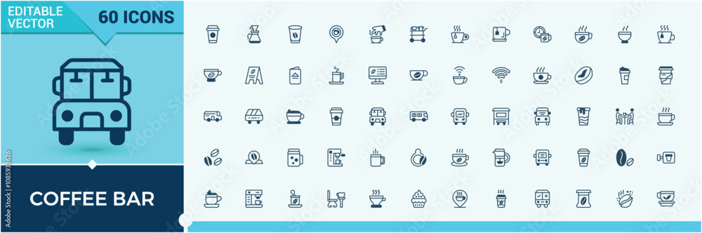 Coffee Bar line web icon set. Related to coffee, breakfast, jug, morning, bar, beverage, mocha, leaf. Flat UI icon design. Solid line editable vector illustration. Coffee Bar line web icon set. Related to coffee, breakfast, jug, morning, bar, beverage, mocha, leaf. Flat UI icon design. Solid line editable vector illustration.