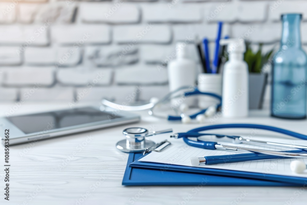 Closeup of a Medical Clipboard, Stethoscope, and Tablet Closeup of a Medical Clipboard, Stethoscope, and Tablet