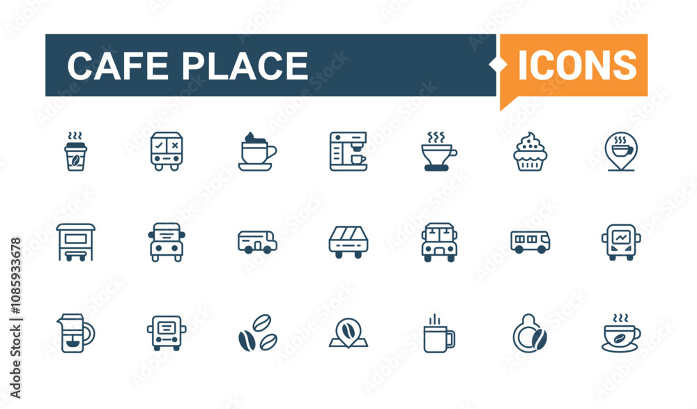 Cafe Place line icons set. Related to machine, bean, stroke, coffee, jug, leaf and more. Minimalistic web and UI icons. Vector line and solid icons. Cafe Place line icons set. Related to machine, bean, stroke, coffee, jug, leaf and more. Minimalistic web and UI icons. Vector line and solid icons.
