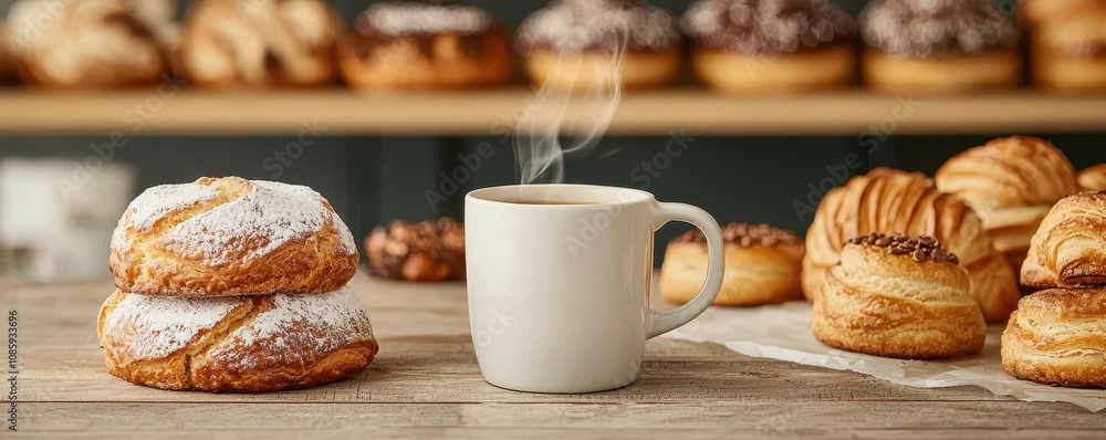 Coffee and bakery concept. Warm coffee cup beside roast pastries on a rustic table. Coffee and bakery concept. Warm coffee cup beside roast pastries on a rustic table.