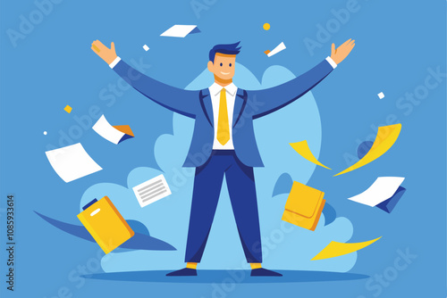 vector illustration of a happy business man throwing papers in the air representing freedom and success.