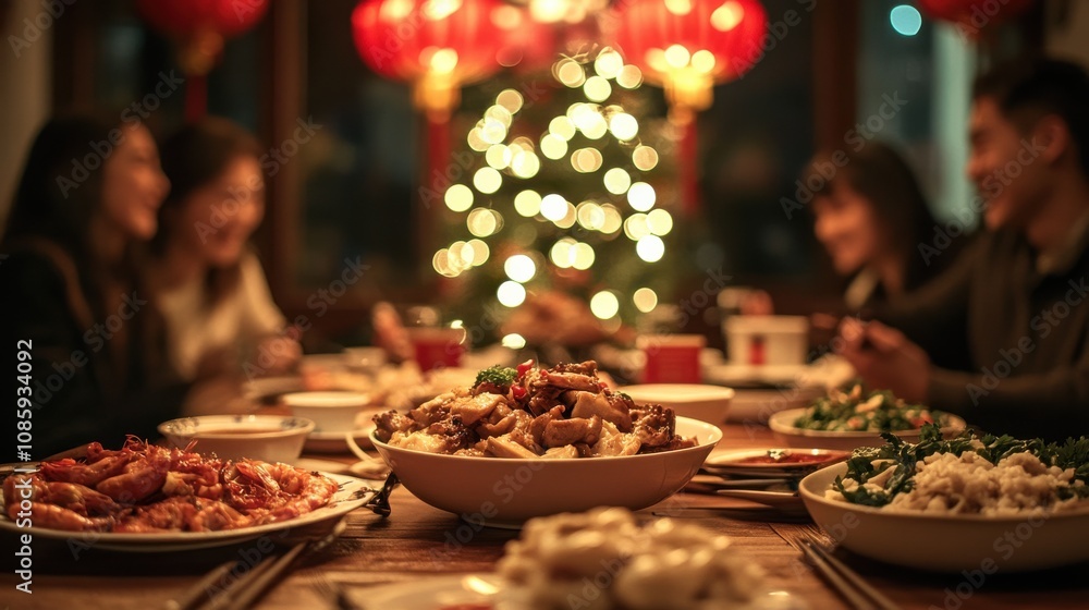 A family gathered around a dinner table with Chinese New Year dishes, red decorations in the background, capturing a joyful, cinematic moment A family gathered around a dinner table with Chinese New Year dishes, red decorations in the background, capturing a joyful, cinematic moment