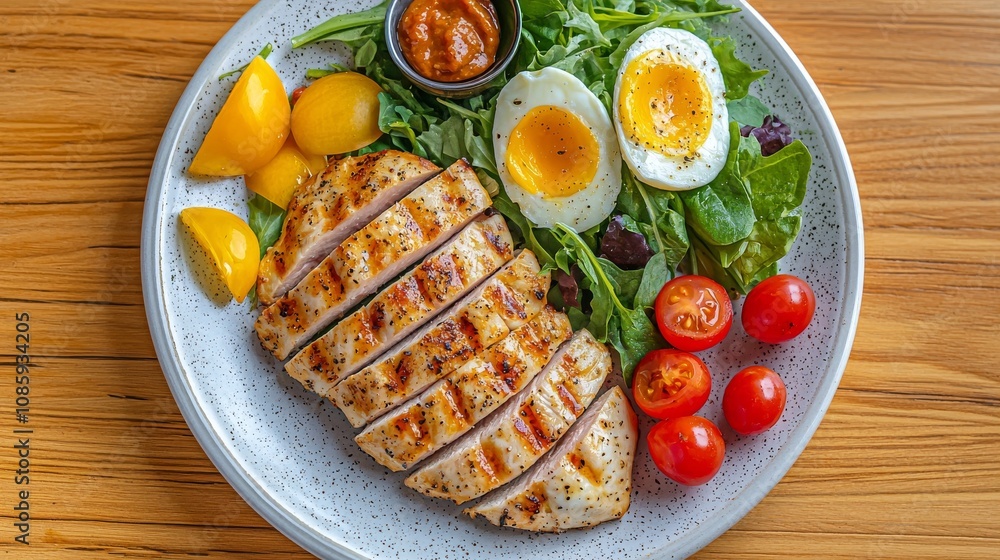 A colorful plate featuring grilled chicken, mixed greens, cherry tomatoes, boiled eggs, and a dipping sauce, showcasing a healthy meal. A colorful plate featuring grilled chicken, mixed greens, cherry tomatoes, boiled eggs, and a dipping sauce, showcasing a healthy meal.