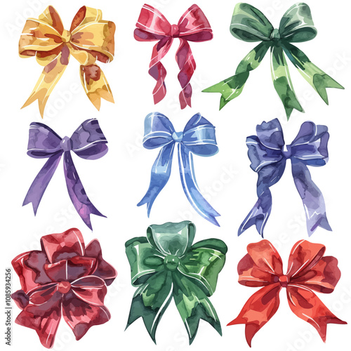 A watercolor clipart of a set of holiday gift ribbons, beautifully arranged, isolated on a white background. Holiday gift ribbons vector.