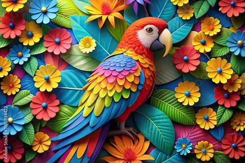 Colorful parrot in kirigami style surrounded by flowers photo