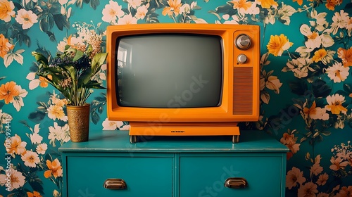 Retro orange television set on teal cabinet against floral vintage wallpaper background photo