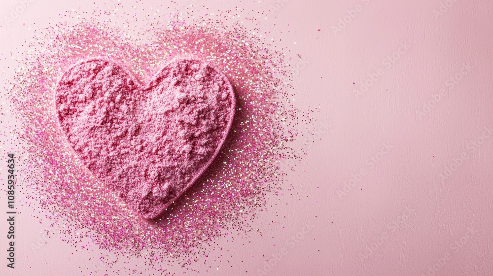 A pink heart shape made of glitter sits on a soft pink background, creating a romantic and playful aesthetic. A pink heart shape made of glitter sits on a soft pink background, creating a romantic and playful aesthetic.