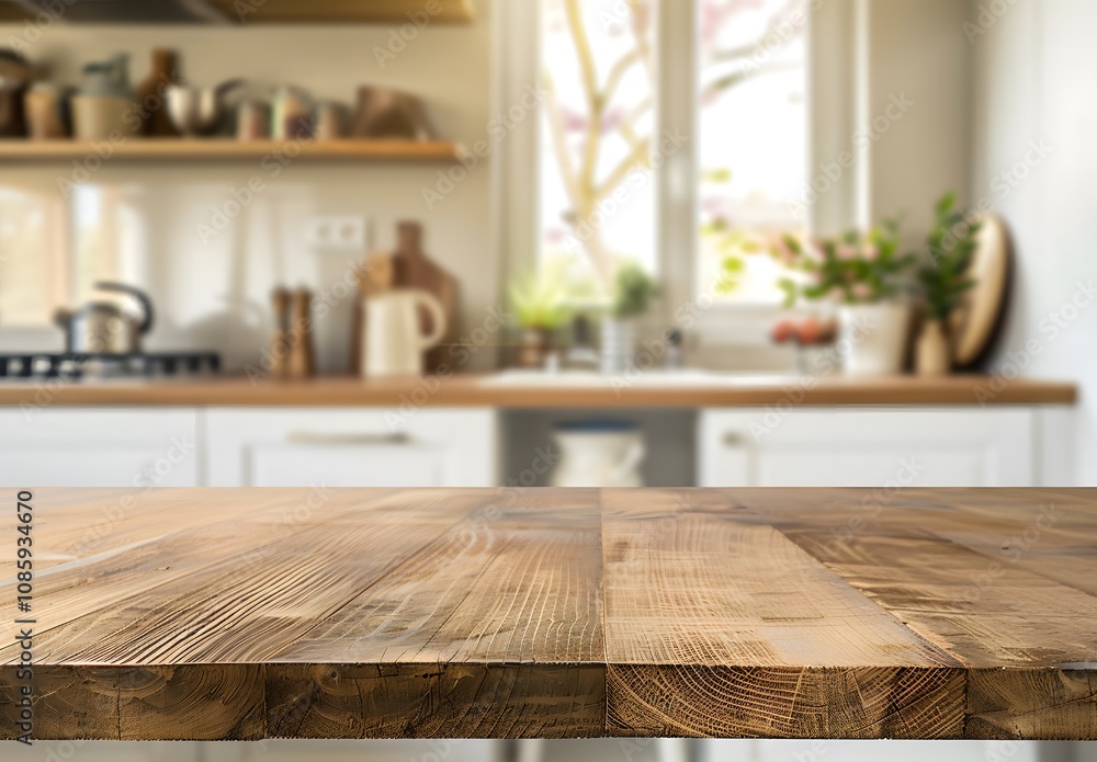 Empty wooden countertop in a modern kitchen with a window and blurred background
Empty wooden countertop in a modern kitchen with a window and blurred background