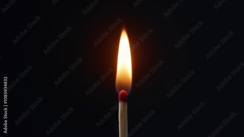 A single match burns with a bright, teardrop-shaped flame in the darkness A single match burns with a bright, teardrop-shaped flame in the darkness
