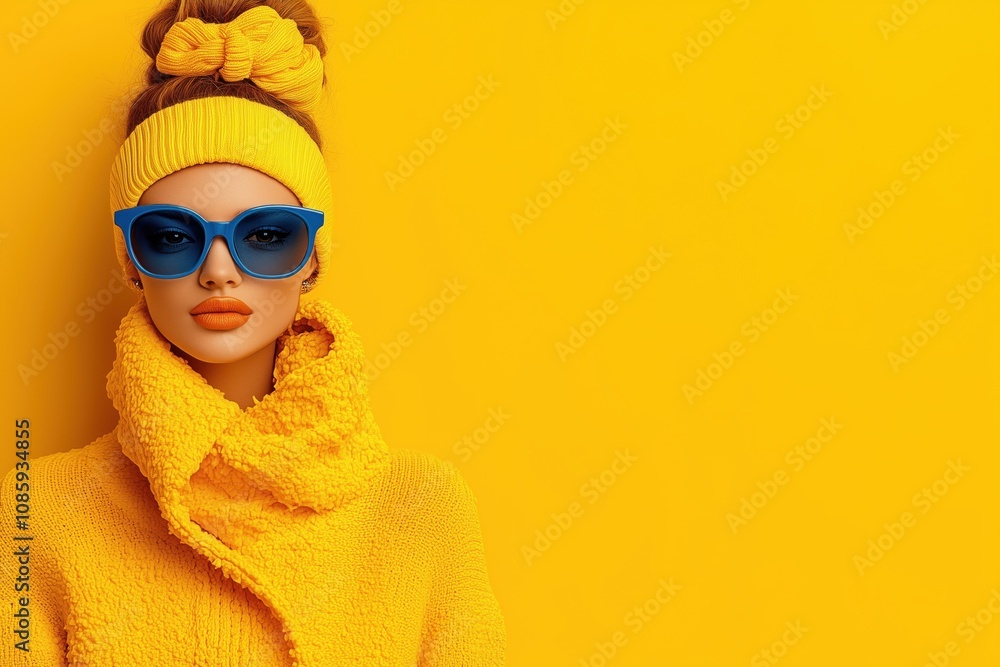 A young woman wearing fashionable glasses and a cozy yellow outfit stands confidently against a bright yellow backdrop, exuding warmth and style A young woman wearing fashionable glasses and a cozy yellow outfit stands confidently against a bright yellow backdrop, exuding warmth and style