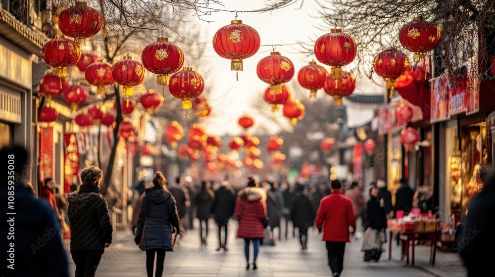 A street decorated with red and gold lanterns, bustling with people shopping for Chinese New Year, cinematic atmosphere A street decorated with red and gold lanterns, bustling with people shopping for Chinese New Year, cinematic atmosphere