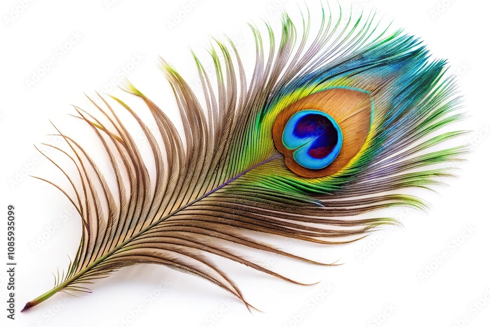 Obraz premium Colorful peacock feather isolated on white background