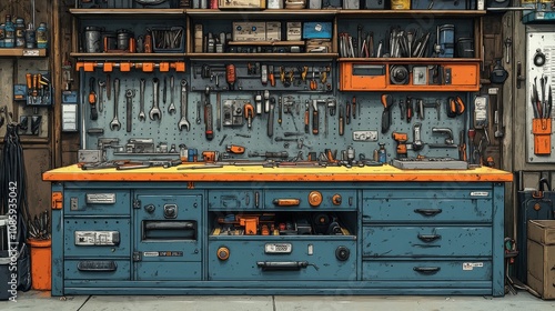 Well-Organized Workshop Workbench with Tools, Accessories, and Equipment on Shelves, Representing a Creative and Productive Space for DIY Projects