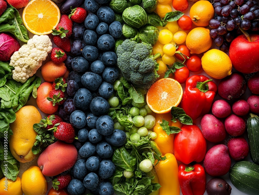 Vibrant Rainbow Harvest Closeup Overhead View of Fresh Fruits and Vegetables in Colorful Array on White Background - Abundance of Nature's Bounty, Ideal for Food Advertising Vibrant Rainbow Harvest Closeup Overhead View of Fresh Fruits and Vegetables in Colorful Array on White Background - Abundance of Nature's Bounty, Ideal for Food Advertising