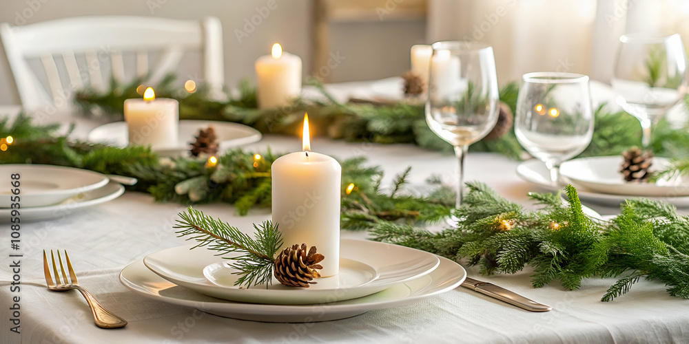 A beautifully set dining table adorned with candles, pinecones, and greenery, creating a warm and inviting atmosphere for a festive gathering. A beautifully set dining table adorned with candles, pinecones, and greenery, creating a warm and inviting atmosphere for a festive gathering.