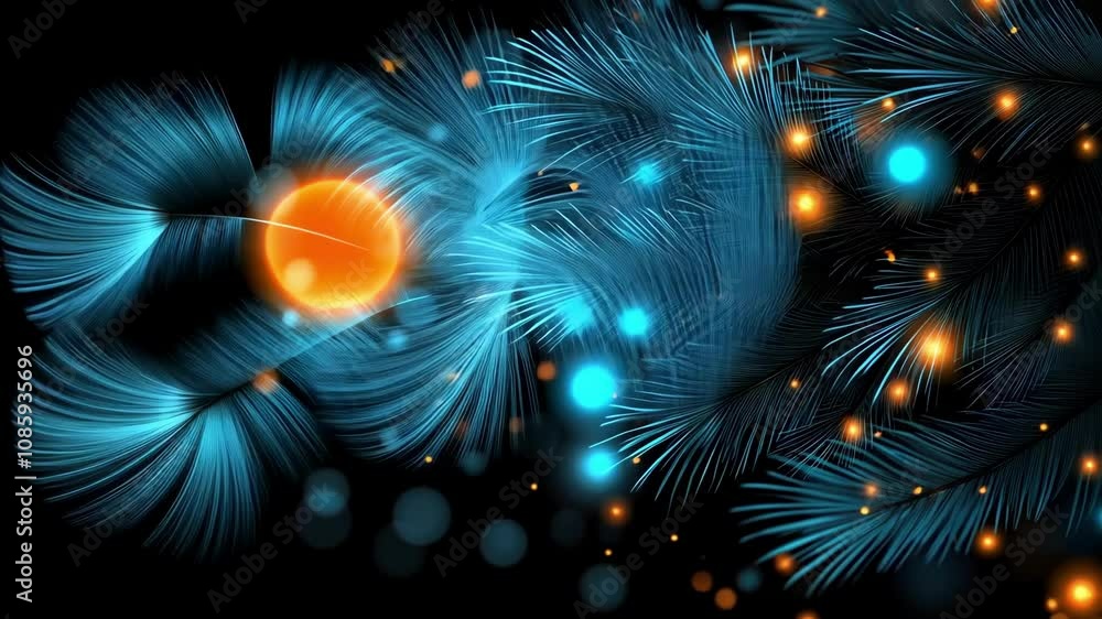 Glowing orange and blue pine needles with bokeh lights on black background Glowing orange and blue pine needles with bokeh lights on black background