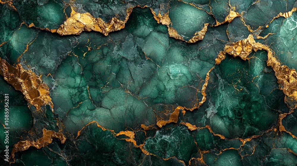 A textured green and gold marble background, ideal for design and artistic projects. A textured green and gold marble background, ideal for design and artistic projects.