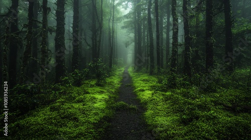 Misty forest pathway surrounded by lush green trees and a serene atmosphere.