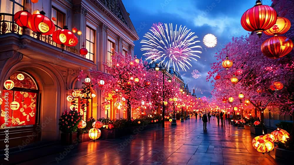 Vibrant City Street Decorated with Red Lanterns During Sunset.Chinese New Year, Lunar new year, Spring festival and Oriental traditions concept Vibrant City Street Decorated with Red Lanterns During Sunset.Chinese New Year, Lunar new year, Spring festival and Oriental traditions concept