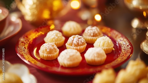 Traditional Chinese sweets on a red plate, symbolizing a sweet start to the New Year, warm lighting