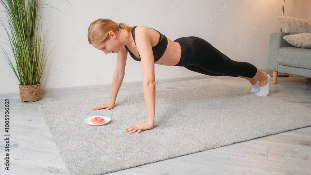 Sport person. Health exercising. Gorgeous contented young lady in black suit looking at plate with cake doing active workout and body wellness in morning at home. Sport person. Health exercising. Gorgeous contented young lady in black suit looking at plate with cake doing active workout and body wellness in morning at home.