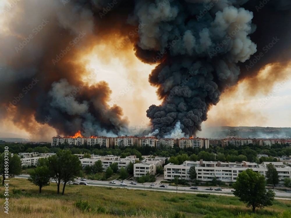 Fototapeta premium a huge fire in the city among buildings and structures high thick smoke in the sky